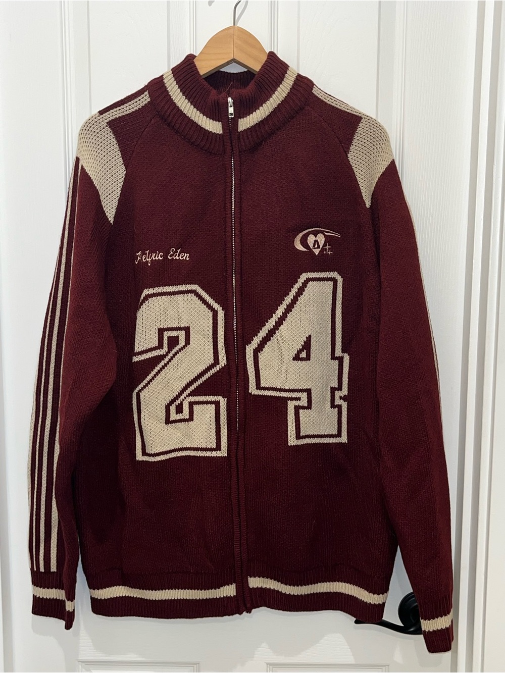 Aelfric Eden Maroon and Cream Zip-Up Varsity Sweater